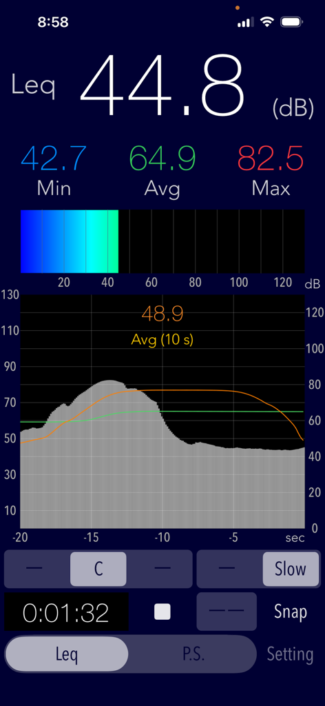 Sound Level Analyzer - L'interface de l'application Sound Level Analyzer affiche une mesure de 44,8 décibels Leq et un graphique du niveau sonore en fonction du temps.