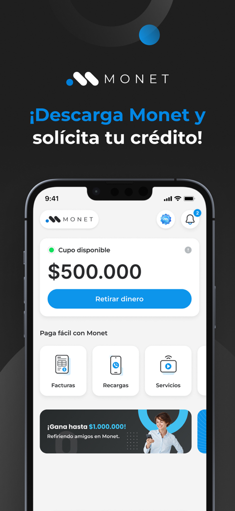 Monet app interface displaying available credit of 500000 COP and withdrawal options