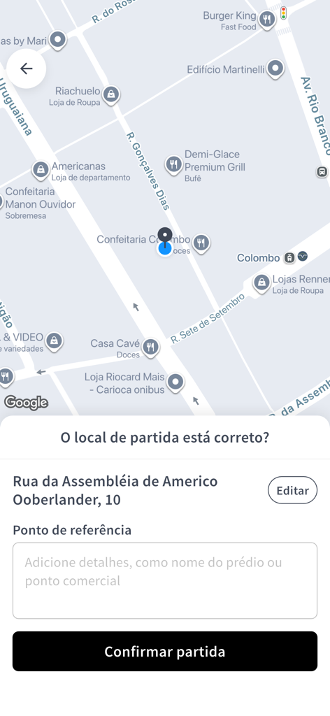 Tela do aplicativo Rota77 mostrando um mapa com um pino de localização de coleta e um botão para confirmar a partida.