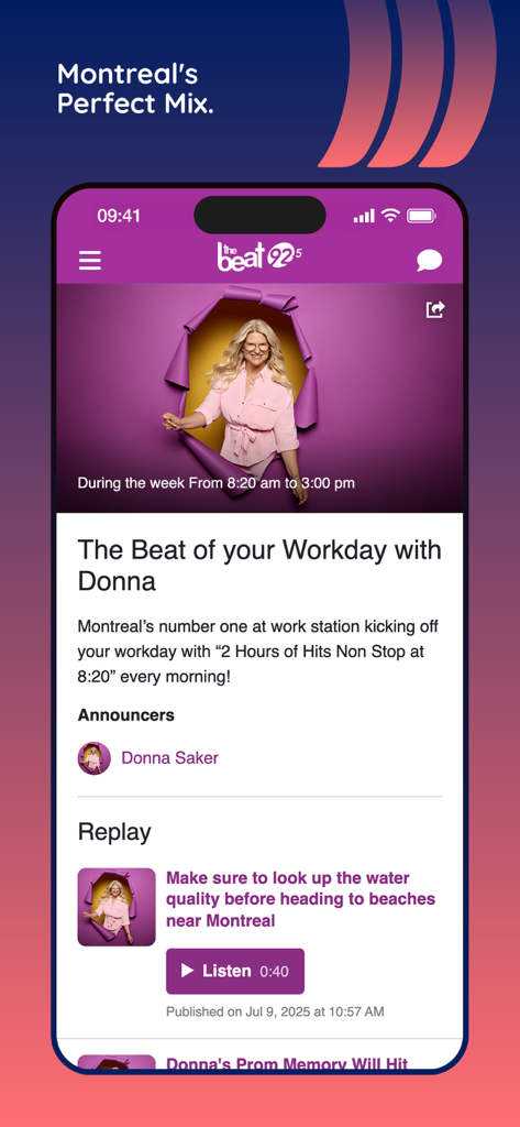 Cogeco Média - The Beat 92.5 radio station interface on the Cogeco Media app featuring the Donna Saker show and on demand audio segments.