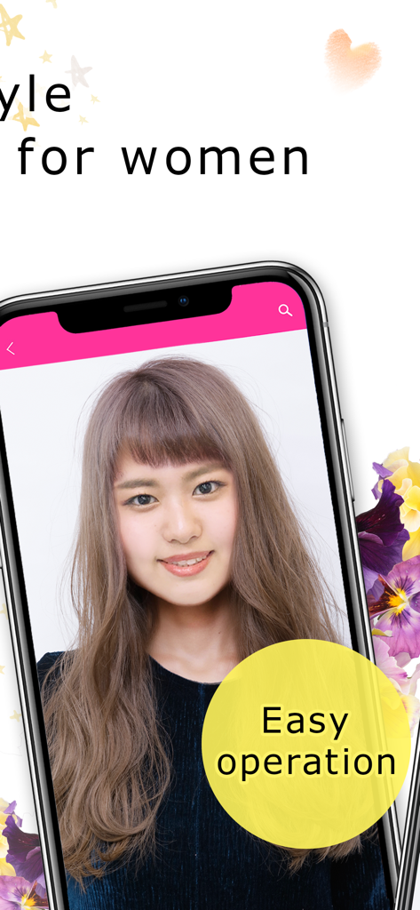 Rasysa Hairstyle Designer app interface showing virtual hair simulation for women