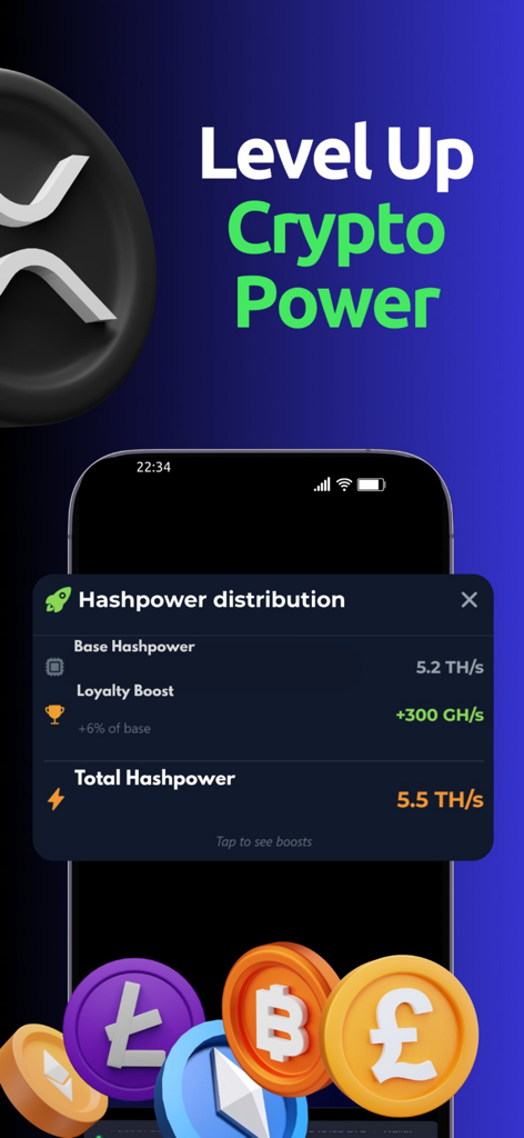 Una interfaz de aplicación móvil que muestra estadísticas de distribución de potencia de hash con potenciadores de fidelidad e iconos de criptomonedas.