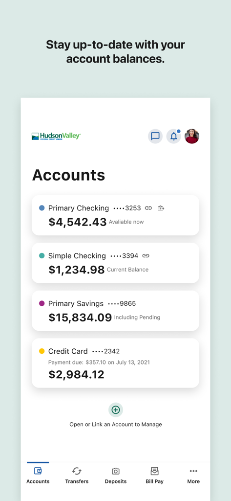 Hudson Valley CU Mobile - Hudson Valley CU Mobile app showing account balances for checking and savings