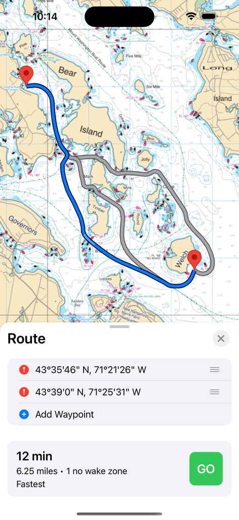 Bizer Navigator - Boat navigation route on Lake Winnipesaukee within the Bizer Navigator app showing travel time and distance.