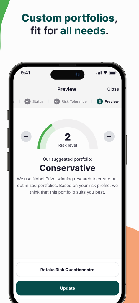 Zad Fintech - Zad Fintech app screen showing a conservative investment portfolio recommendation with a risk level of two.