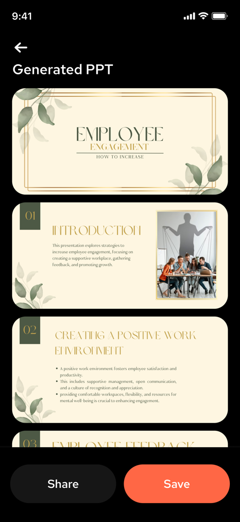 Ai PPT Maker App : PPT Editor - Pantalla de la app móvil que muestra diapositivas de presentación generadas por IA sobre el compromiso de los empleados