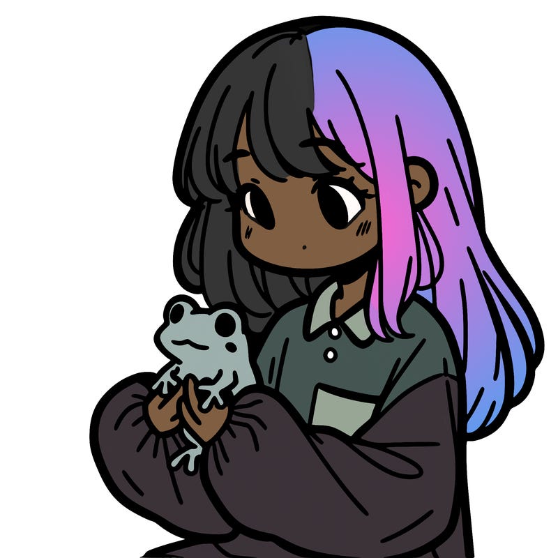 girl with long hair and a oversized shirt. and she is holding a frog