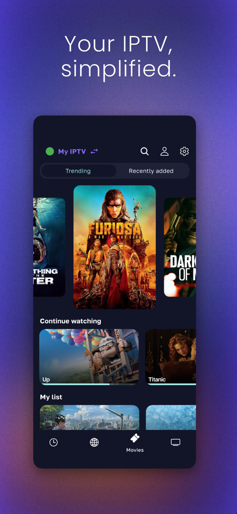 Zen IPTV Player - Zen IPTV Player mobile app interface displaying movie categories and continue watching list