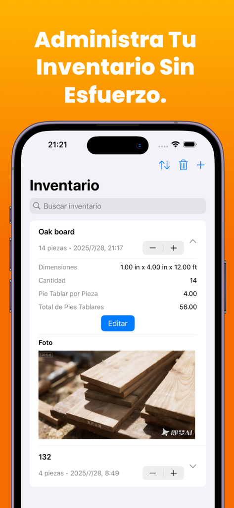 Board Foot Calculate - Mobile app interface showing lumber inventory management with wood dimensions and photos