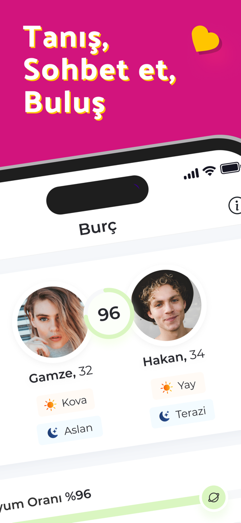 Pembe Panjur Chat & Arkadaşlık - Profile matching interface of Pembe Panjur app showing a 96 percent compatibility score between two users
