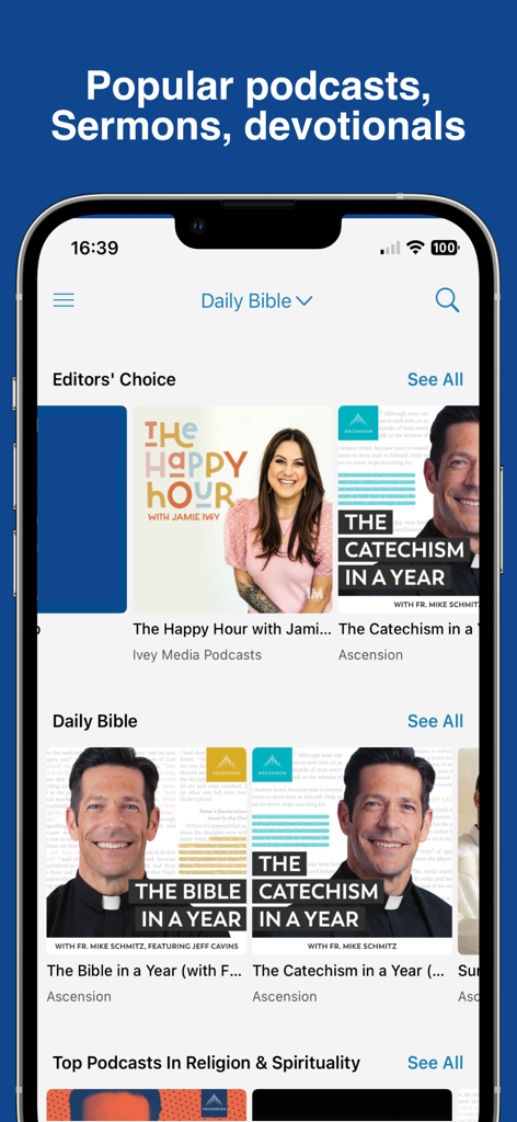 Bible: Read, Listen Holy Bible - Interface of the Bible app showing popular religious podcasts, sermons, and devotionals like The Bible in a Year.