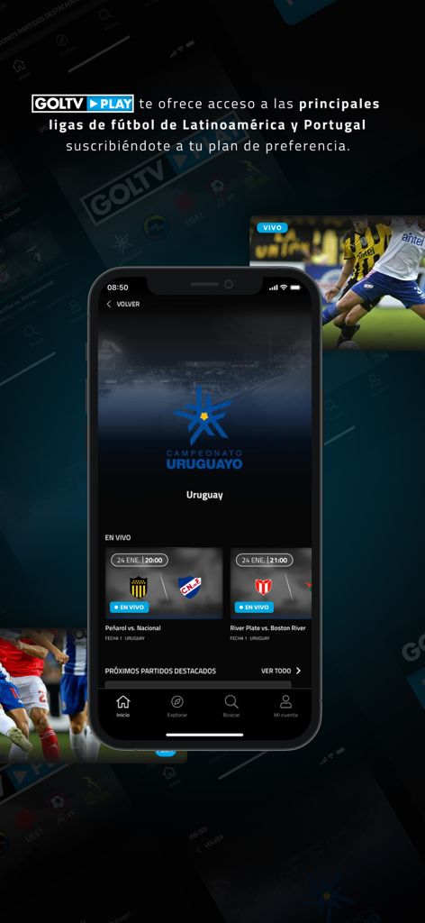 GolTV PLAY mobile app interface featuring live Uruguayan soccer league matches on an iPhone.