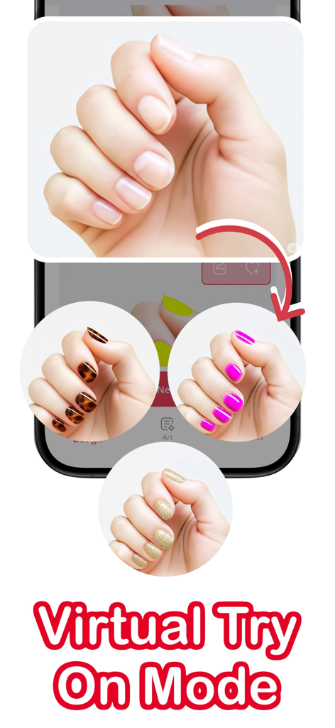Una captura de pantalla que muestra el modo de prueba virtual con diferentes diseños de uñas generados por IA en una mano