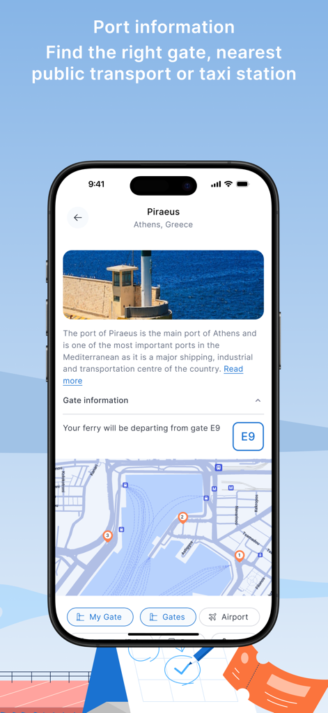 Openferry: Ferry Tickets - Schermata dell'app Openferry che mostra informazioni sul porto del Pireo, inclusi i gate E9 e una mappa con icone di trasporto.
