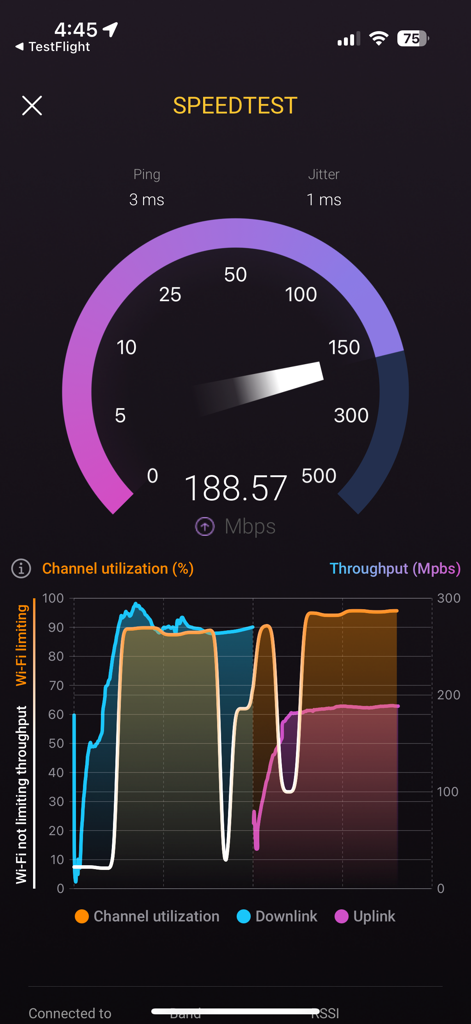 Interfaccia di Speedtest di Ekahau Analyzer che mostra i grafici di throughput della rete e di utilizzo dei canali