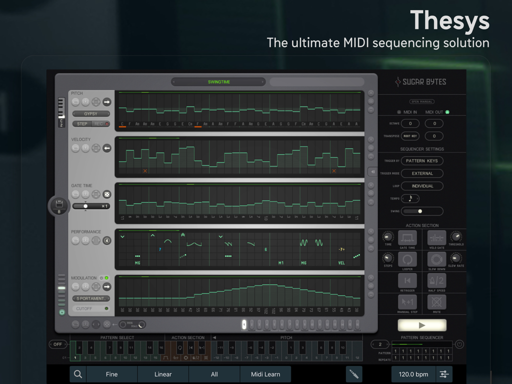 Interfaz del secuenciador por pasos MIDI Thesys mostrando carriles de tono y velocidad para producción musical