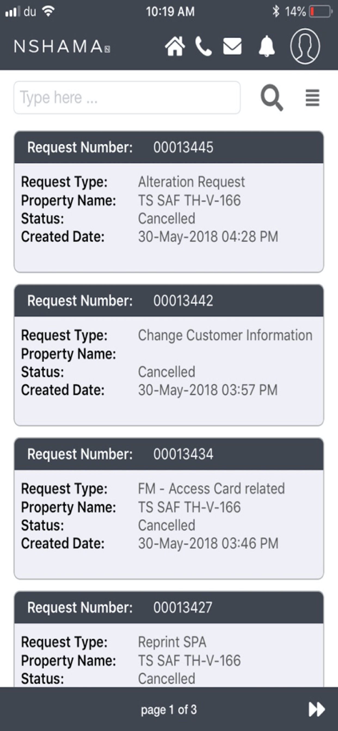 Nshama Connect - Nshama Connect app interface displaying a list of property service requests