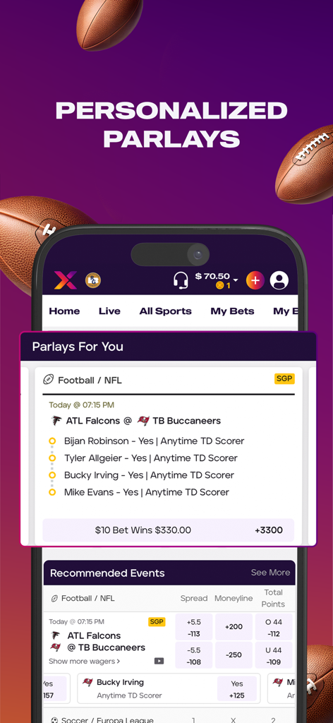 betPARX PA - betPARX app interface displaying personalized same game parlays for an NFL football game
