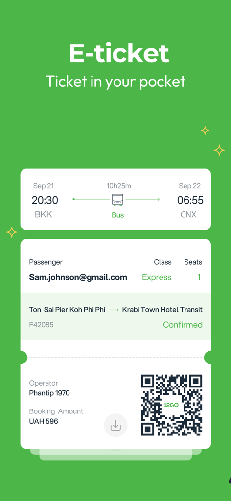 12Go Train Bus Ferry Flight - E-billet numérique confirmé avec code QR sur l'application 12Go pour les voyages en bus et ferry