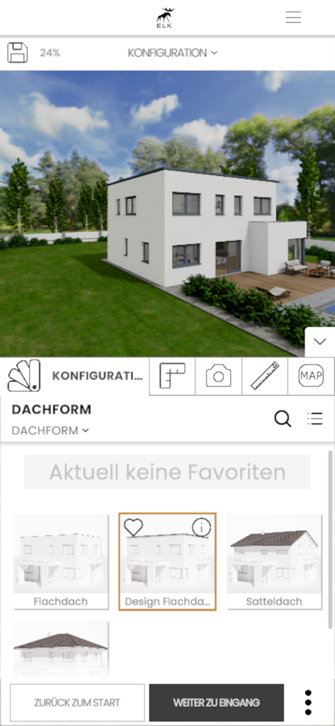 ELK House Designer - Visualizzazione 3D di una casa moderna nell'app ELK House Designer che mostra le opzioni di configurazione del tetto