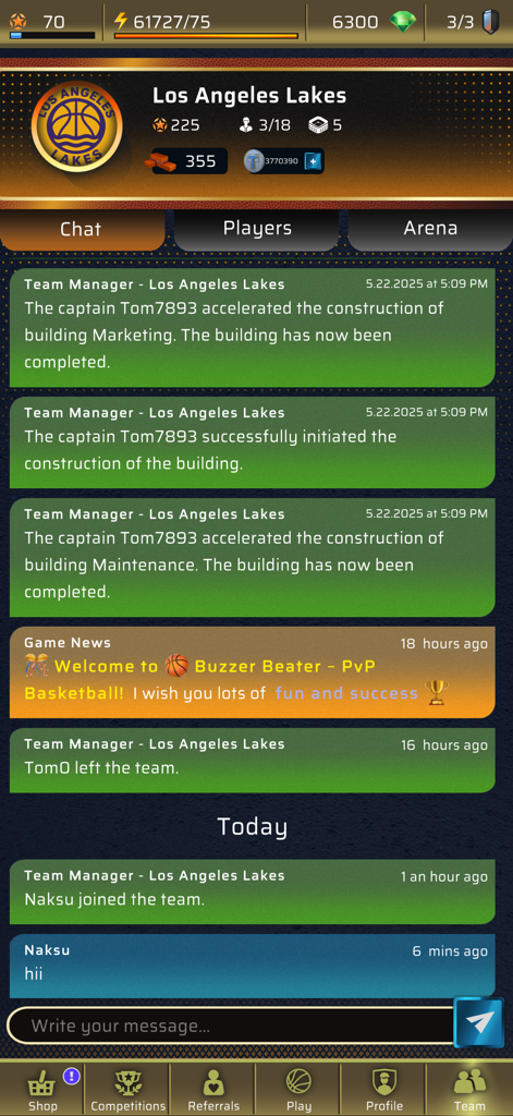 Buzzer Beater - PvP Basketball - Chat de equipo y registro de actividad de un equipo de baloncesto en Buzzer Beater