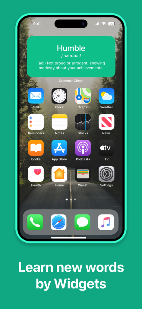 Grammar Check Corrector by AI - Una pantalla de inicio de iPhone con un widget verde de la aplicación Corrector de Gramática que muestra la definición de una palabra de vocabulario para aprender.