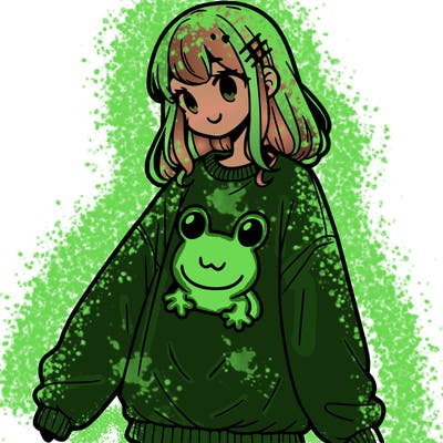 girl wearing frogging sweatshirt