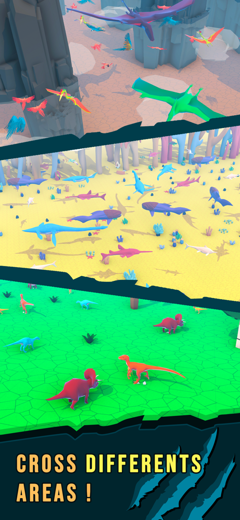 Dino Domination - Screenshot of Dino Domination showcasing three different game environments including air sea and land with colorful dinosaurs