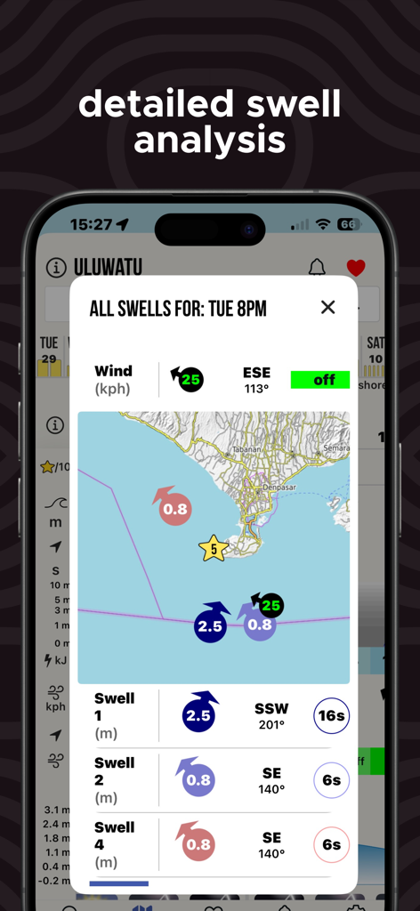 A mobile screen showing a detailed swell analysis with a map and multiple wave components for a surf spot