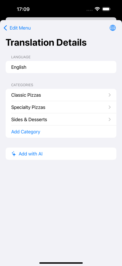 Pantalla de detalles de traducción en la aplicación QR Code Menu Maker que muestra categorías de menú y una opción para agregar contenido con IA.