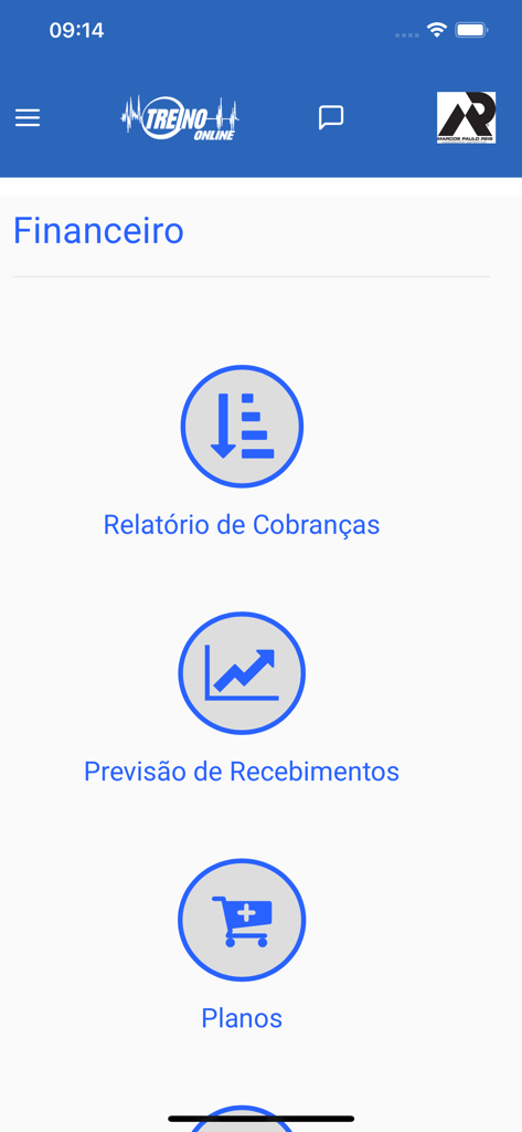 Treino Online for Coach - Financial management screen in Treino Online for Coach app featuring billing reports and revenue forecast icons