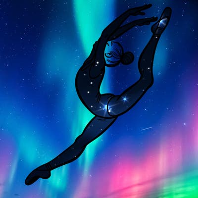 gymnast doing a leap in a leotard with a bent back leg