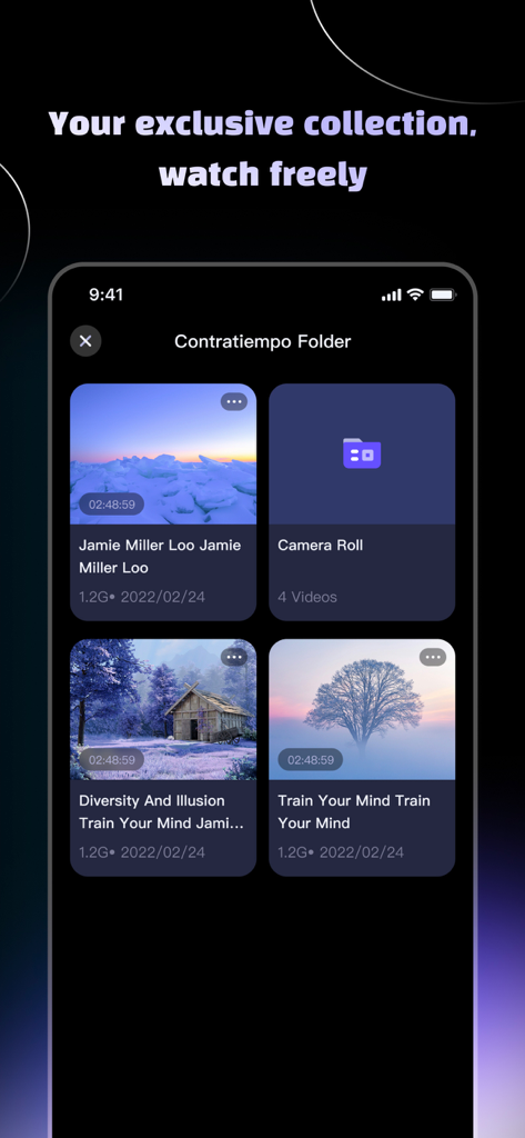 Flare-Powerful Decode - Flare Playerアプリが、ミニマリストなフォルダ表示でサムネイルとメタデータを持つ整理されたビデオコレクションを表示しています