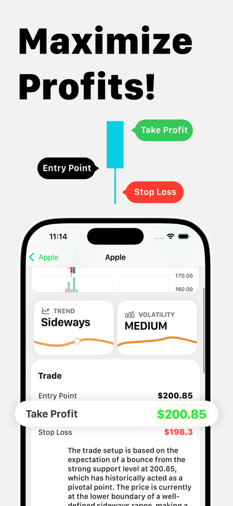 TradeGPT mobile app interface displaying AI trading signals and technical candlestick chart analysis