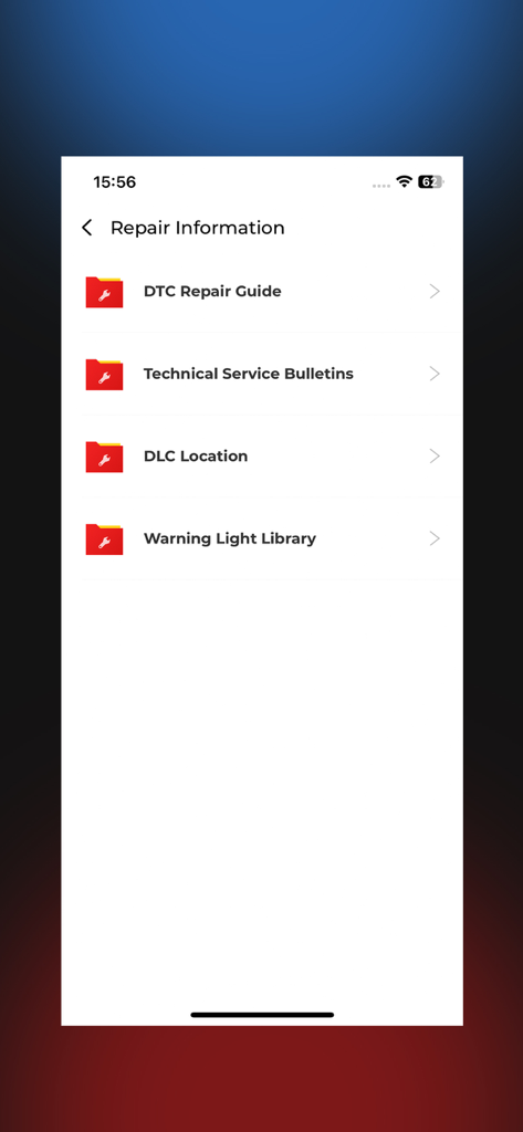 TopGuru - Écran d'information de réparation de l'application TopGuru montrant les options de menu pour le guide de réparation DTC et les bulletins de service techniques.