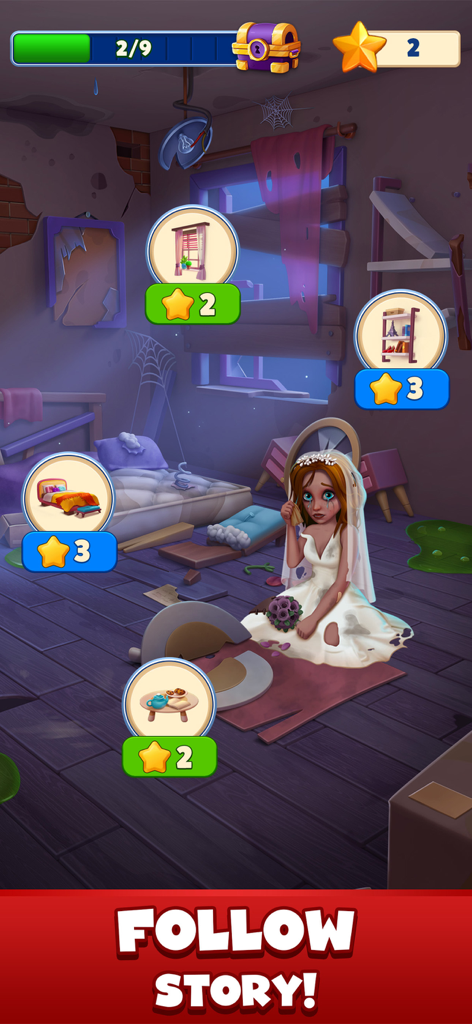 Goodwill Tiles: Match & Rescue - A scene from Goodwill Tiles showing a sad bride in a messy room with renovation options to restore furniture using stars