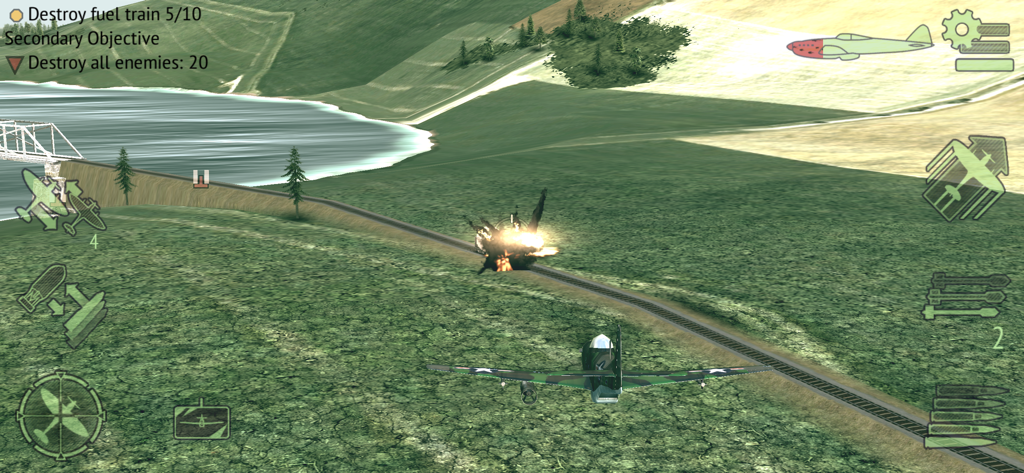A WWII fighter plane attacking a fuel train in a combat mission