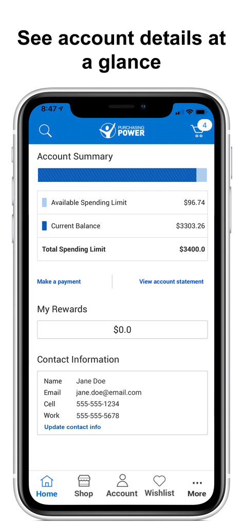 Purchasing Power - Purchasing Powerモバイルアプリのアカウント概要画面。利用限度額、現在の残高、連絡先情報が表示されます。