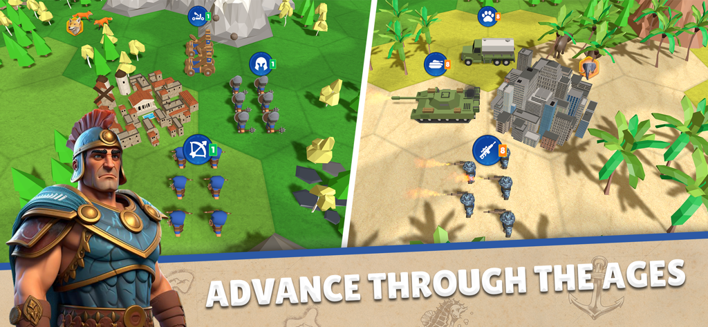 Domination Dynasty: Turn-Based - Pantalla dividida que muestra la evolución de la guerra antigua con catapultas a combate moderno con tanques y francotiradores