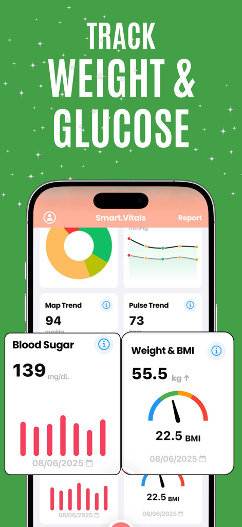 Blood pressure app Free of-ads - Mobile app dashboard showing blood sugar and weight tracking with health charts and BMI gauge
