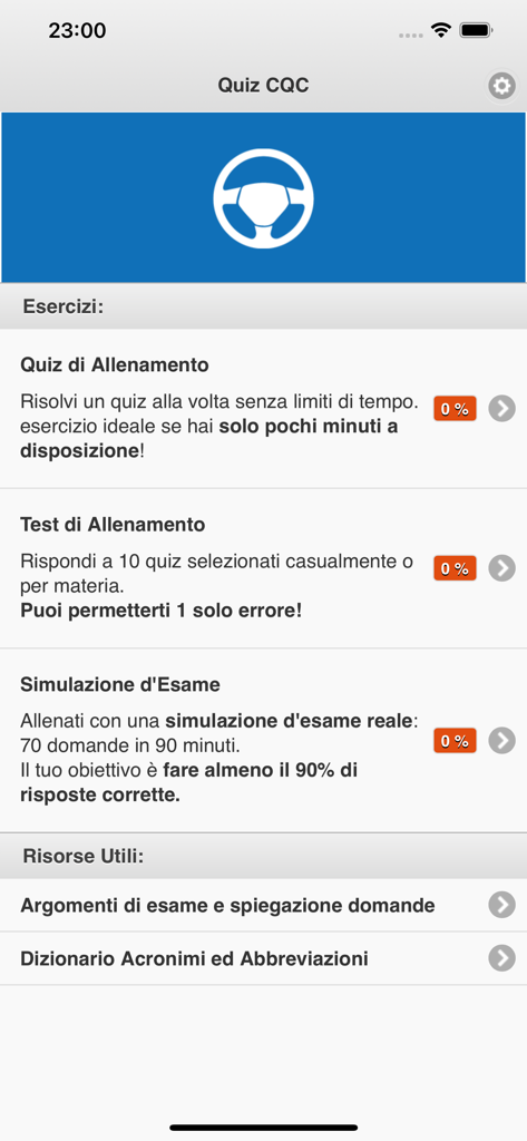 Quiz CQC Merci 2026 - Menu principale dell'app Quiz CQC Merci 2026 per la qualifica di guida, che mostra test di pratica e opzioni di simulazione dell'esame