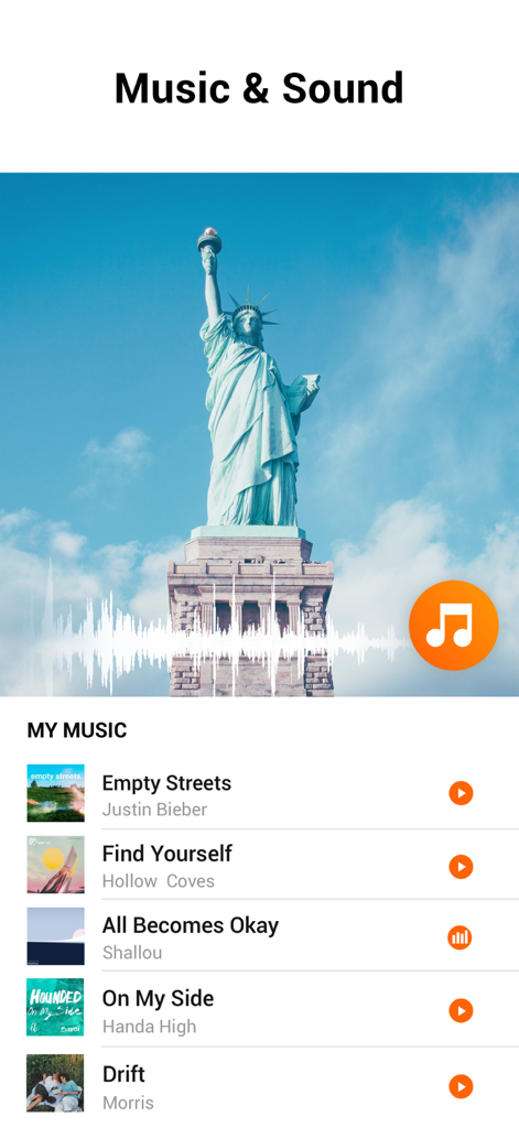 YouCut - AI Video Editor - Interface of YouCut AI Video Editor showing the music and sound library for videos.