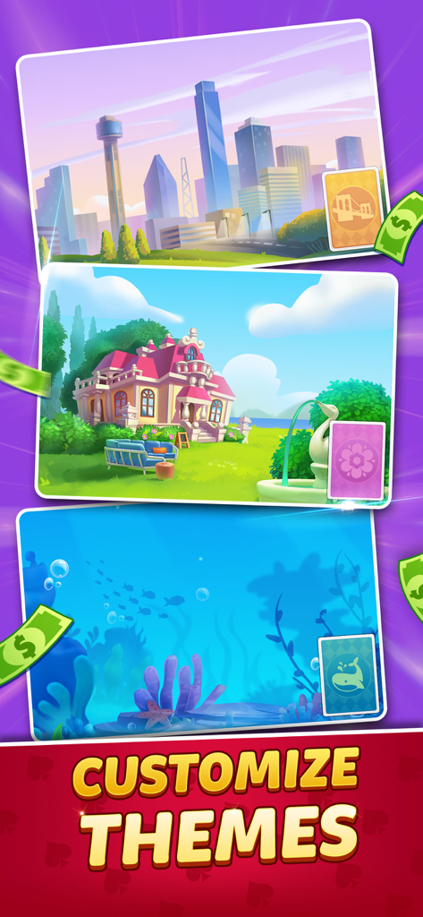 Personnalisez les thèmes dans Solitaire Play for Cash avec des arrière-plans de jardin de ville et sous-marins