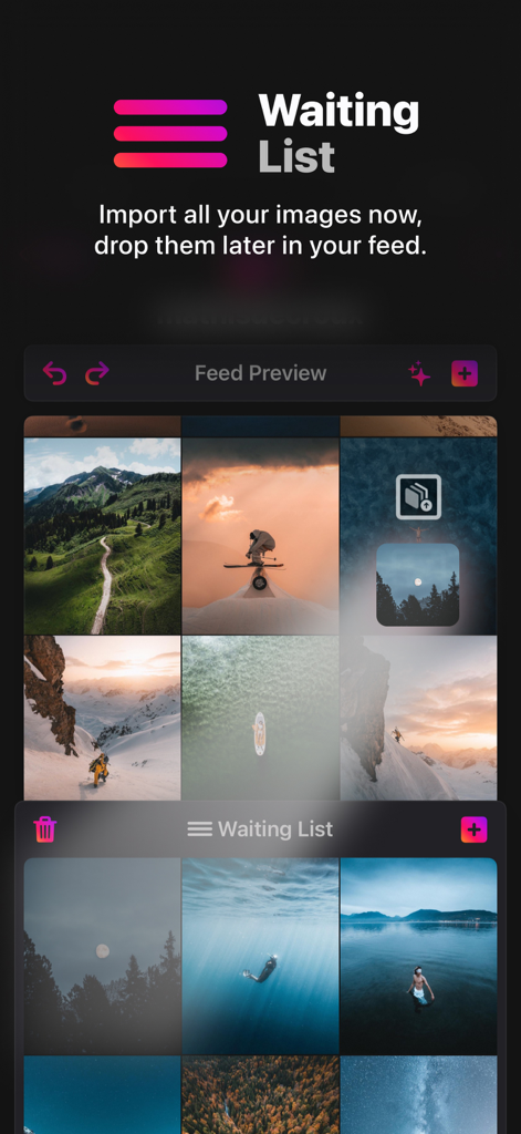 Screenshot of Toolbox for Instagram app showing the Waiting List feature and Feed Preview for social media content planning
