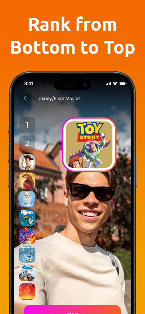 Smartphone screen showing the Ranking Filter app where a user ranks Disney movies with their face on camera.