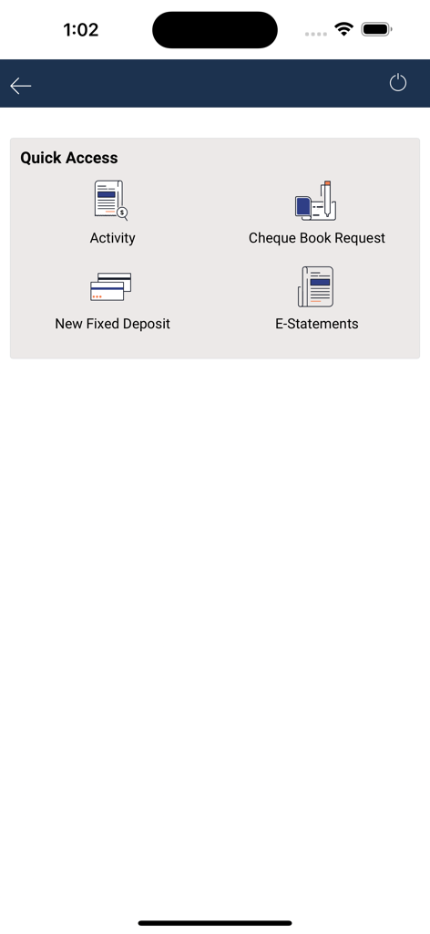 Butterfield Online Banking - The Quick Access dashboard of the Butterfield Online Banking app showing shortcuts for activity and statements.
