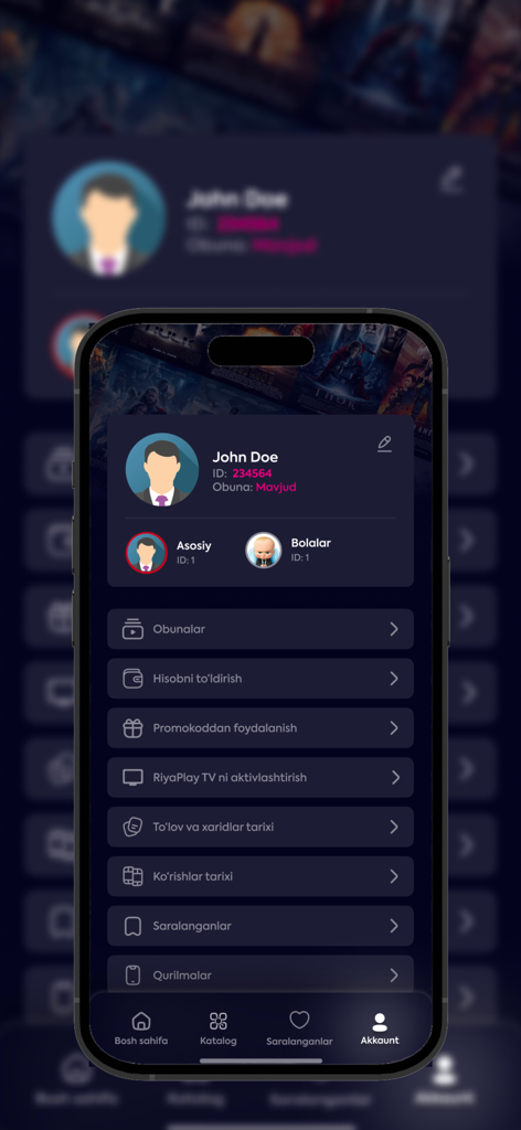 Riya Play - Riya Play mobile app user profile and settings screen showing account details and subscription options.