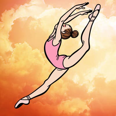 gymnast doing a leap in a leotard with a bent back leg
