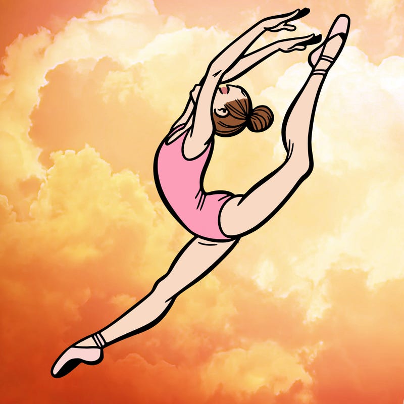 gymnast doing a leap in a leotard with a bent back leg