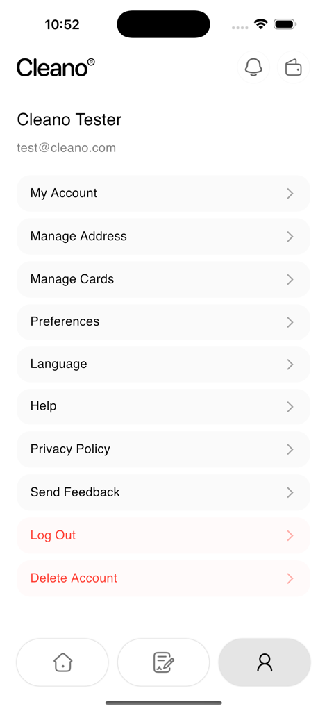 Cleano | كلينو - The profile settings screen of the Cleano app displaying account management options